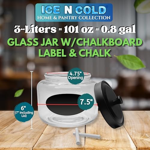 ICE N COLD Kitchen and Laundry Storage Glass Jar – Wide Mouth Round Glass Storage Container with Black Steel Lid and Chalkboard Label - 2 Sticks of Chalk Included (6, 3L | 101oz | 0.8 Gallon) - Image 3