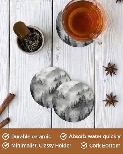 Coaster for Drinks 4 Pack,Watercolor Forest Tree Mountain Absorbent Round Ceramic Stone with Cork Base,Black Gray Natural Scenic Drink Coaster Cup Mats for Home Dining Coffee Tables - Image 5