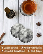 Coaster for Drinks 4 Pack,Watercolor Forest Tree Mountain Absorbent Round Ceramic Stone with Cork Base,Black Gray Natural Scenic Drink Coaster Cup Mats for Home Dining Coffee Tables - Image 5