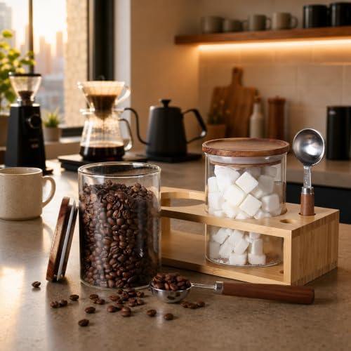 KKC HOME ACCENTS 2 Glass Coffee Canister Set with Bamboo Rack & Scoops-25oz - Image 6