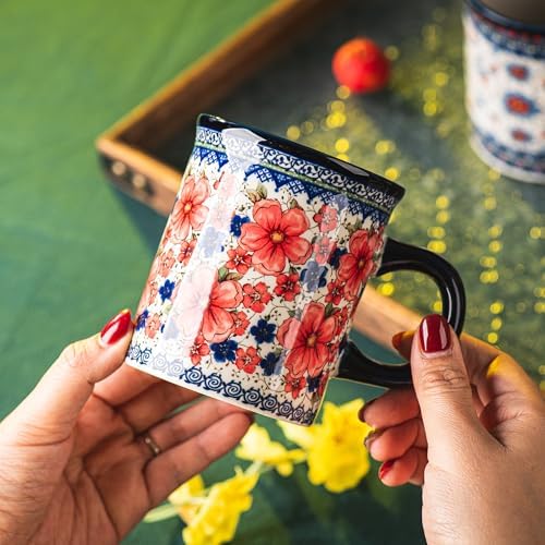Ceramic Latte Mug Set of 4, 15.5oz Hand Painted Porcelain Coffee Cups With Handle for Tea/Milk/Cocoa - Modern Retro Design For Any Kitchen. Microwave and Dishwash Safe (Snow and Plum) - Image 5