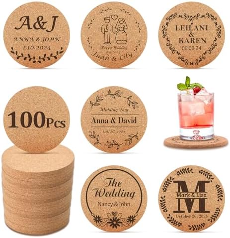 100 Pcs Personalized Cork Coasters for Wedding Favors and Business by Syntix