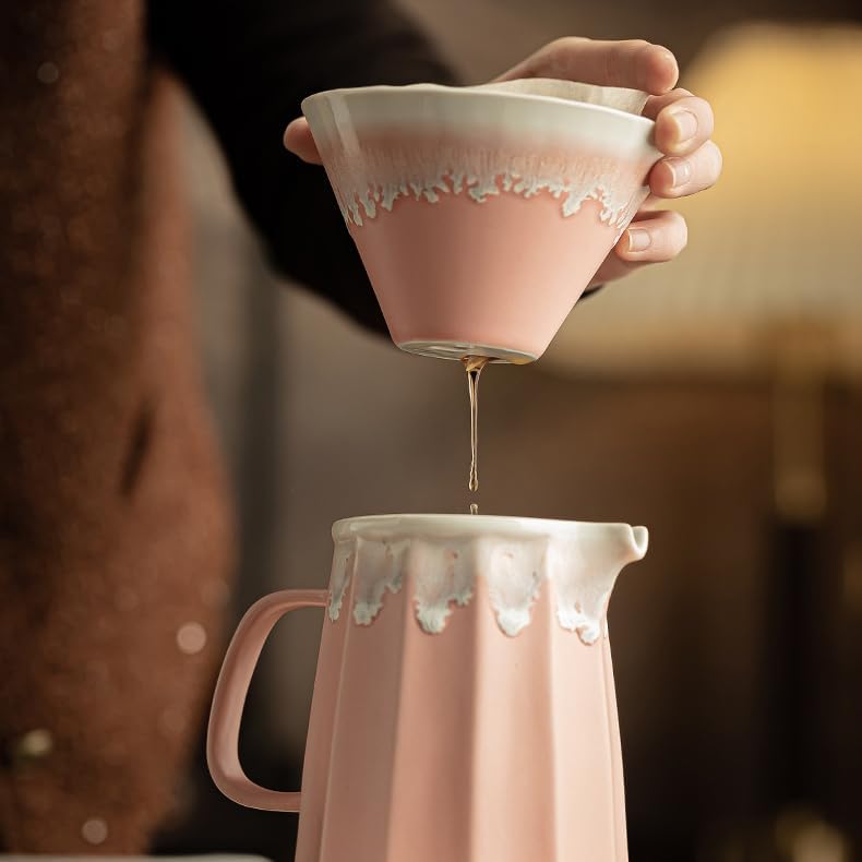 Pink Ceramic Pour over Coffee Maker Set, 14.5 OZ Porcelain Coffee Dripper Brewer Heat Resistant Coffee Pot Decanter ACM008P - Image 3