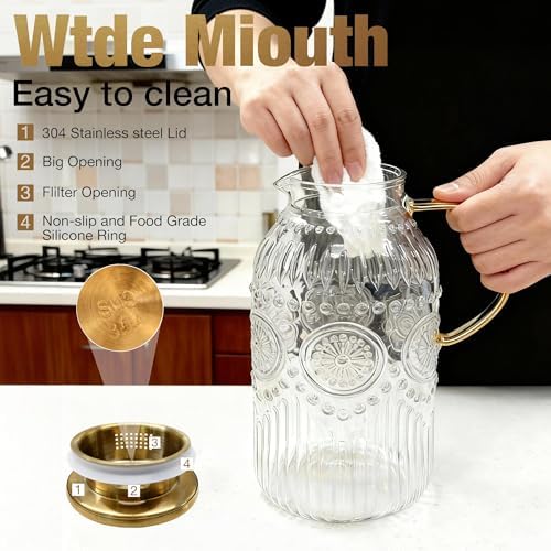 Amzcku Glass Pitcher with Lid, 101 oz/ 3 Liter Vintage Water Pitcher,Water Carafe for Cold Brew, Coffee, Lemonade, Iced Tea,Beverage, Heat Resistant Water Glass Jug 1Pack - Image 5