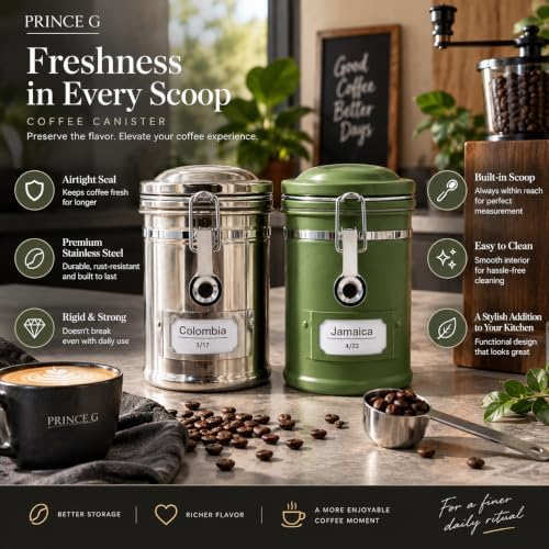 PRINCE G Airtight Coffee Canister – Premium Stainless Steel Coffee Storage Container with Scoop, 260g Capacity, Fresh Coffee Bean Storage Jar, Taiwan-Made Premium Quality (Silver) - Image 2