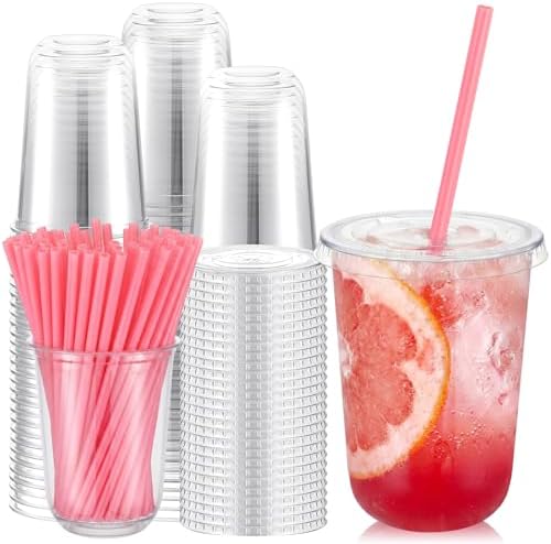 Ziliny 100 Sets 16 oz Clear Plastic Cups with Heart Shaped Straws and Lids by Ziliny