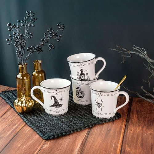 222 Fifth Elegant Haunting 4-Piece White Porcelain Halloween Mug Set - Witch Hat, Jack-o’-Lantern, Potion Bottles & Spider - 20.29 oz, Large Capacity Coffee Cups, Dishwasher & Microwave Safe - Image 4