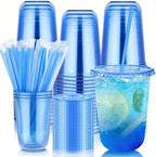 tchrules 100 Set 16oz Blue Round Bottom Plastic Cups with Lids and Straws by TCHRULESHOME