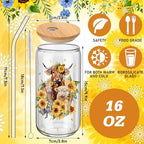 Teenyyou 12 Set of Glasses with Bamboo Lid and Glass Straw 16 oz(Highland Cow) - Image 2