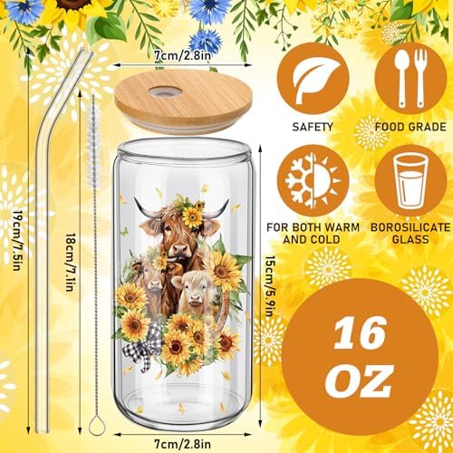 Teenyyou 12 Set of Glasses with Bamboo Lid and Glass Straw 16 oz(Highland Cow) - Image 2