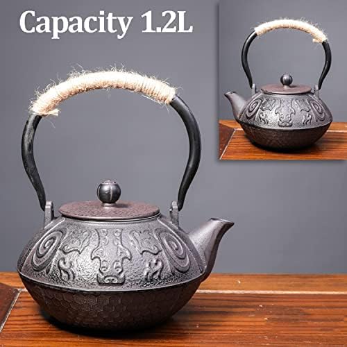 Tea Kettle,Cast Iron Teapot in Japanese Style,Tetsubin Tea Kettle with Stainless Steel Infuser,Die Casting Pattern Stove Safe Kettles,Traditional Iron Teapots,1.2L(Color:O) (Size : H) - Image 2