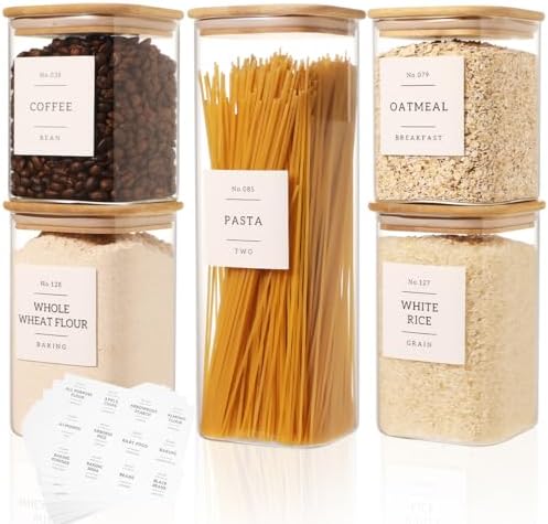 5 Pack Square Glass Pantry Storage Containers with 132 Kitchen Food Pantry Labels - Clear Glass Pantry Jars with Airtight Wood Bamboo Lids - Glass Canisters for Pasta, Cereal, Coffee, Flour, Sugar by CZDYSM