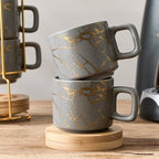 LUKA Porcelain Espresso Cup with Saucer and Metal Stand, 4 Ounce Stackable Ceramic Demitasse Espresso Mugs Cups Set for Latte, Specialty Coffee Drinks, Cafe Mocha,Tea - Set of 4, Gray - Image 6