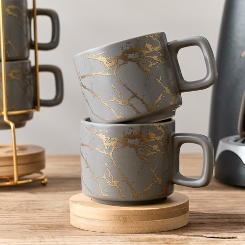 LUKA Porcelain Espresso Cup with Saucer and Metal Stand, 4 Ounce Stackable Ceramic Demitasse Espresso Mugs Cups Set for Latte, Specialty Coffee Drinks, Cafe Mocha,Tea - Set of 4, Gray - Image 6