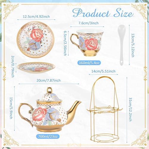 Zhehao 20 Pcs Porcelain Tea Set for Adult, with Metal Holder, Romantic - Image 2