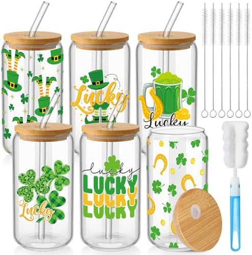 6 Pcs St Patrick's Day Glass Cups Shamrock Tumbler with Bamboo Lids and Straws 16 oz Irish Lucky Clover Reusable Can Shaped Drinking Glasses Bulk for St Patrick's Day Party Supplies by Acellegic
