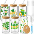 6 Pcs St Patrick's Day Glass Cups Shamrock Tumbler with Bamboo Lids and Straws 16 oz Irish Lucky Clover Reusable Can Shaped Drinking Glasses Bulk for St Patrick's Day Party Supplies by Acellegic