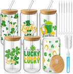 6 Pcs St Patrick's Day Glass Cups Shamrock Tumbler with Bamboo Lids and Straws 16 oz Irish Lucky Clover Reusable Can Shaped Drinking Glasses Bulk for St Patrick's Day Party Supplies by Acellegic