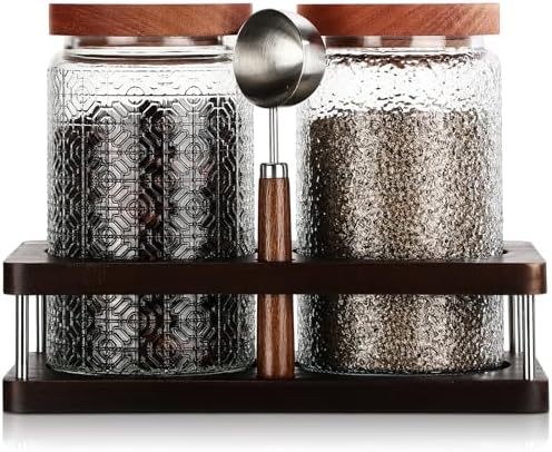 Suclain Glass Coffee Grounds Container with Shelf 2 x 34 oz Glass Coffee Bean Storage Canisters with Airtight Thread Lid and Measuring Spoon Food Storage Jars for Kitchen Sugar(Classic Style) by Suclain