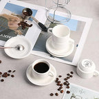 Sweejar Porcelain Espresso Cups with Saucers, 2.5 Ounce Stackable Cappuccino Cups with Metal Stand for Coffee Drinks, Latte, Tea - Set of 4 (White) - Image 5