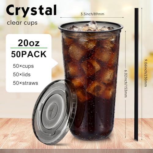 Ziliny 50 Sets 20 oz Black Plastic Iced Coffee Cups with Lids and Straws - Image 3