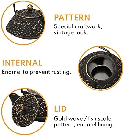 VUDECO 30oz Gold Black Japanese Cast Iron Teapot Kettle Set Loose Leaf Tea Pot For Loose Tea Cast Iron Kettle with Tea Infuser Japanese Tea Set Cast Iron Tea Kettle Japanese Tea Pot Wood Stove - Image 3