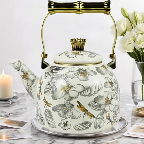 Vintage Enamel Tea Kettle, Dragonfly Floral Pattern Stovetop Teapot with Gold Handle, 2.5L Enamel Kettle Kitchen Decor, Ideal Gift for Housewarming Camping Coffee Pot - Image 2