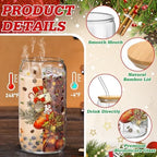 6 Set Christmas Glasses Cups with Bamboo Lid and Glass Straw 16 oz Vintage Christmas Drinking Cup Red Santa Beer Iced Coffee Cup Xmas Tumbler Mugs for Women Men Holiday Party Office Gifts - Image 3