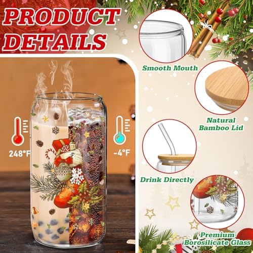 6 Set Christmas Glasses Cups with Bamboo Lid and Glass Straw 16 oz Vintage Christmas Drinking Cup Red Santa Beer Iced Coffee Cup Xmas Tumbler Mugs for Women Men Holiday Party Office Gifts - Image 3