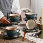 SHUER Ceramic Cappuccino Cup Set of 4, 11.2 OZ Cups and Saucers Set,Coffee Mocha Cup Sets,Black Coffee Cups and Glaze Americano Mug Great for Party and Low Tea Time (Blue 320ml) - Image 6