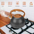 GGC Tea Kettle for Stove Top, Loud Whistling Kettle for Boiling Water Coffee or Milk, 3.1 Quart Heavy Stainless Steel Starry Black Kettle with Wood Pattern Handle, Unique Button Control Kettle Outlet - Image 6
