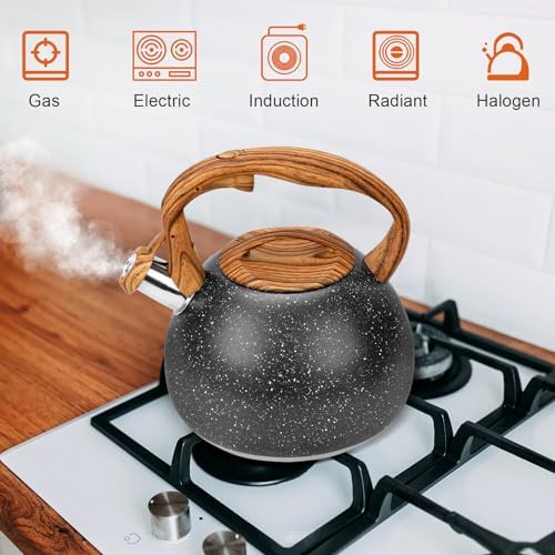 GGC Tea Kettle for Stove Top, Loud Whistling Kettle for Boiling Water Coffee or Milk, 3.1 Quart Heavy Stainless Steel Starry Black Kettle with Wood Pattern Handle, Unique Button Control Kettle Outlet - Image 6