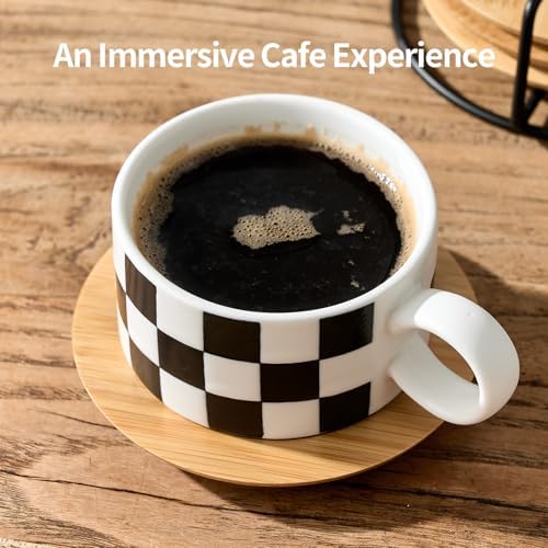 LUKA 6 Ounce Ceramic Stackable Black and White Checkered Espresso Cups with Saucers and Metal Stand Set of 4, Cappuccino Cups Set for Coffee Drinks, Latte, Cafe Mocha and Tea, White Interior - Image 3
