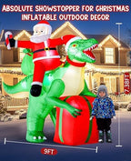 9x7.38ft Christmas Inflatables Santa Riding Dinosaur with Built-in LED,Dinosaur Inflatable Christmas Blow Up Yard Decorations with Water Bags Stakes Strings Gift Bag for Garden Yard Party Lawn - Image 2