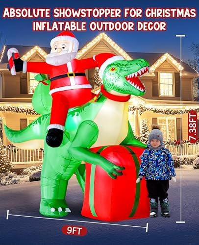9x7.38ft Christmas Inflatables Santa Riding Dinosaur with Built-in LED,Dinosaur Inflatable Christmas Blow Up Yard Decorations with Water Bags Stakes Strings Gift Bag for Garden Yard Party Lawn - Image 2