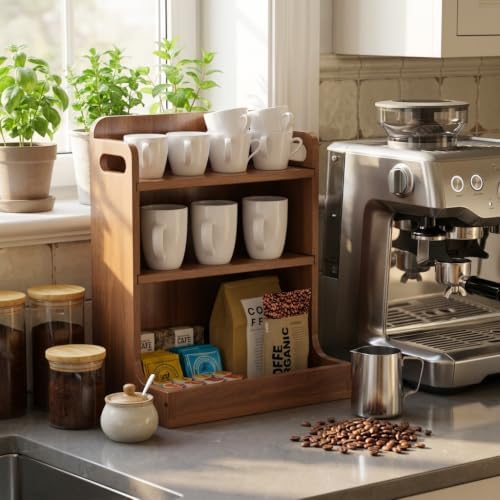 Solid Wood Matcha & Coffee Station Organizer, 3-Tier Countertop Mug Holder - Image 2