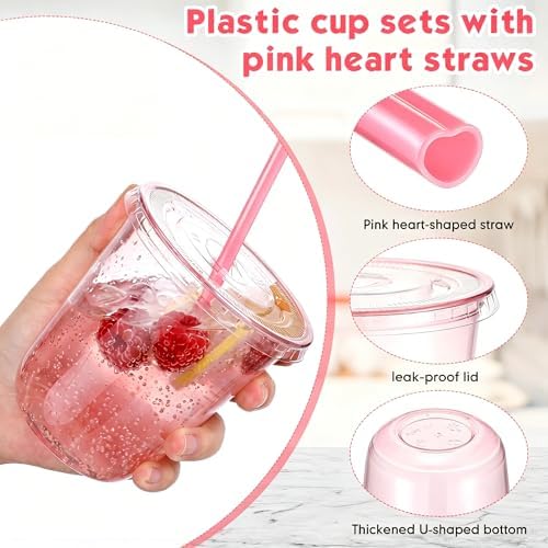Ziliny 50 Sets 14 oz Pink Plastic Cups with Heart Shaped Straws and Lids - Image 5