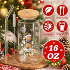 Teenyyou 12 Sets of Christmas Glasses Cups with Bamboo Lid and Glass Straw 16 oz Christmas Stripes Glass Jar Winter Drinking Cups Santa Snowman Elk Coffee Cup for Women Men Xmas Holiday Party Gifts - Image 2