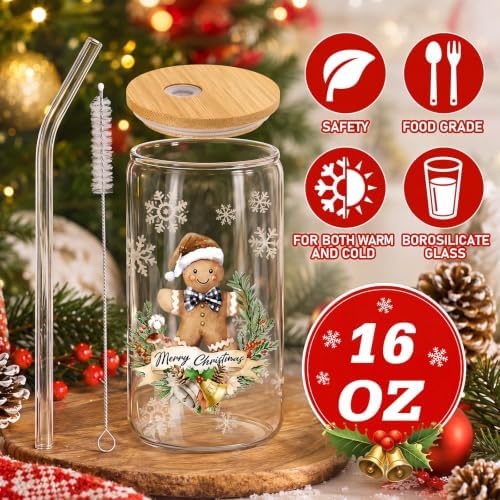 Teenyyou 12 Sets of Christmas Glasses Cups with Bamboo Lid and Glass Straw 16 oz Christmas Stripes Glass Jar Winter Drinking Cups Santa Snowman Elk Coffee Cup for Women Men Xmas Holiday Party Gifts - Image 2