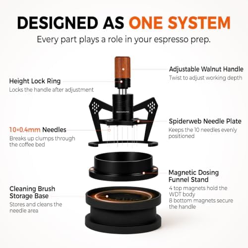 IKAPE Mantis WDT Distribution Tool with Clean Brush, 58mm Espresso Stirrer Distribution Tool for Barista, 10 Needle Espresso Stirrer with Dosing Funnel&Stand, Adjustable Needle Height, Walnut Handle - Image 3