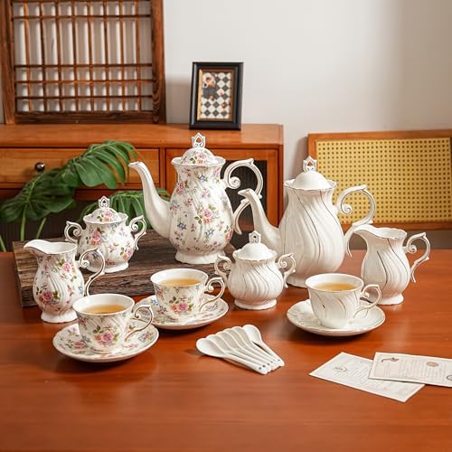 Agyiuns Tea Set 21Pcs ceramic 6 tea cups and saucers, sugar and creamer set,Teapot for Adults,Tea Party (small crushed flower) - Image 6