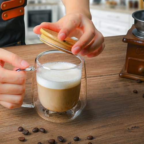 Double Wall Glass Coffee Mug 12 oz, Glass Coffee Mug with Handle 【4 Sets】 - DWTS Coffee Mug with Lid and Spoon for Americano, Cappuccino, Latte, Espresso - Image 2