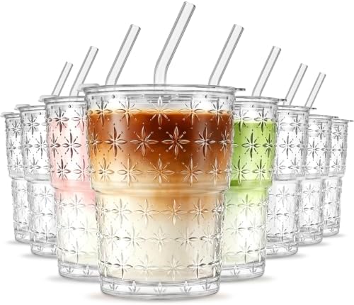 INSETLAN Iced Coffee Cups with Lids and Straws, 13 oz Glass Tumbler by INSETLAN