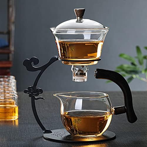 RORA Glass Teapot Set Semi Automatic Drip Rotating with Infuser Lazy Kungfu Tea pot Set (Black) - Image 2