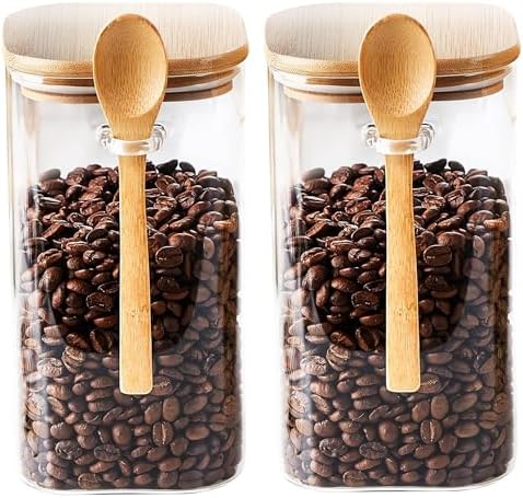 Big Glass Jars,50 Oz Coffee Canister,Food Storage Containers with Spoon Airtight Bamboo Lids for Pasta,Cookies, Nuts, Coffee Beans, Cereal,Glass Canisters for Kitchen, Pantry Organization, BPA Free by Povinmos