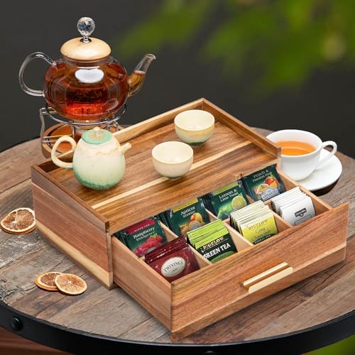 Tea Bag Organizer, Acacia Wood Tea Organizers and Storage Box, Tea Bag Holder Station Caddy Container for Countertop, Tea Accessories Gift Box with Drawer - Image 2