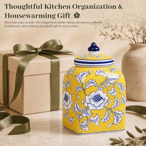 Ceramic Tea Canister with Airtight Lid, 10" H Kitchen Decor Jar for Loose Leaf Tea & Coffee Bean Storage, Hand-painted Chinoiserie Ginger Jars for Home Decor, 121 fl oz - Yellow Peony - Image 5