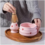 Cute Heart Decal Ceramic Matcha Set - Bowl Whisk And Holder Bamboo Scoop Sifter Tea Ceremony Kit(5pcs) - Image 2