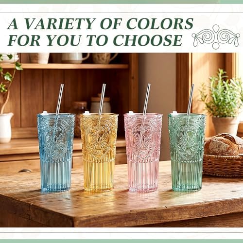 8 Set Vintage Tumbler with Lid and Straw, Iced Coffee Cup, Mixed Color - Image 4