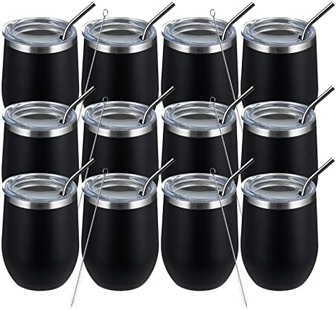 MEWAY 12oz/12 Pack Wine Tumbler Glasses with Lid -Double Wall Vacuum Stainless Steel Travel Tumbler Mug,Stemless Insulated Wine Cup for,Coffee,Cocktails,Gifts (Black,Set of 12) by MEWAY